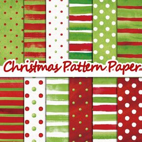 Whaline 24Pcs Christmas Watercolor Pattern Paper Red Green Scrapbook Specialty Paper Polka Dot Stripe Double Sided Craft Paper For DIY Card Making Photo Album Decor, 11.8 x 11.8 Inch