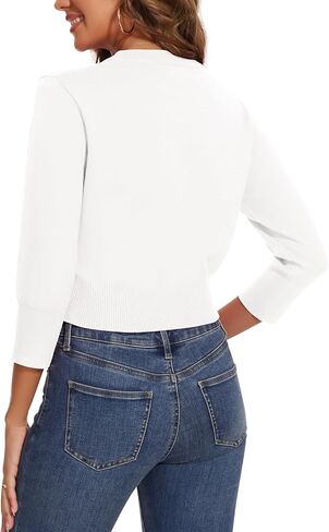 Women 3/4 Sleeve Cropped Cardigan Shrugs Lightweight Button Open Front Knit Bolero Sweater in Kuwait