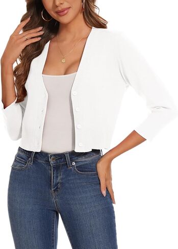 Women 3/4 Sleeve Cropped Cardigan Shrugs Lightweight Button Open Front Knit Bolero Sweater in Kuwait