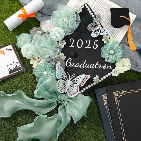 35 Pcs DIY Graduation Cap Decorations Accessory Kit, 3D Artificial Flowers, Butterfly & Alphabet Letter Stickers, Pearl Stickers, Bowknot for Grad Hats Decor(Green) in Kuwait