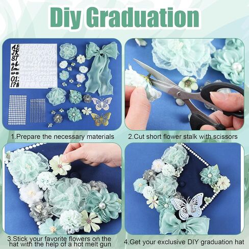 35 Pcs DIY Graduation Cap Decorations Accessory Kit, 3D Artificial Flowers, Butterfly & Alphabet Letter Stickers, Pearl Stickers, Bowknot for Grad Hats Decor(Green) in Kuwait