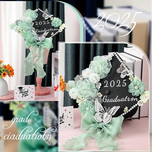 35 Pcs DIY Graduation Cap Decorations Accessory Kit, 3D Artificial Flowers, Butterfly & Alphabet Letter Stickers, Pearl Stickers, Bowknot for Grad Hats Decor(Green) in Kuwait
