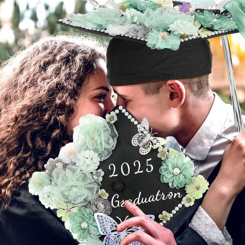 35 Pcs DIY Graduation Cap Decorations Accessory Kit, 3D Artificial Flowers, Butterfly & Alphabet Letter Stickers, Pearl Stickers, Bowknot for Grad Hats Decor(Green) in Kuwait