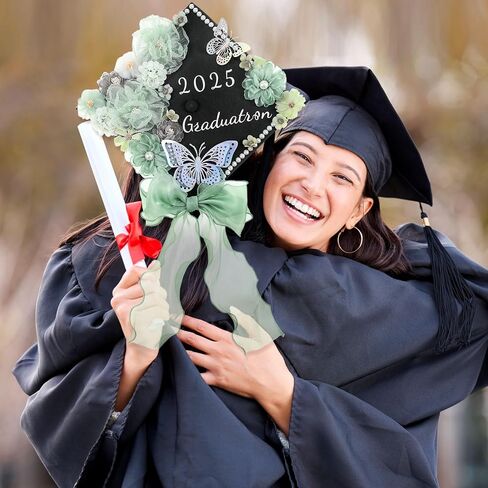 35 Pcs DIY Graduation Cap Decorations Accessory Kit, 3D Artificial Flowers, Butterfly & Alphabet Letter Stickers, Pearl Stickers, Bowknot for Grad Hats Decor(Green) in Kuwait