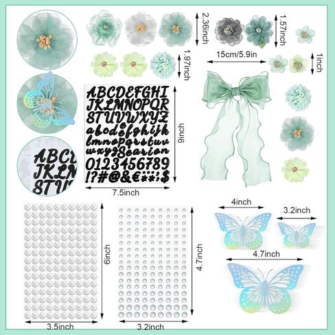 35 Pcs DIY Graduation Cap Decorations Accessory Kit, 3D Artificial Flowers, Butterfly & Alphabet Letter Stickers, Pearl Stickers, Bowknot for Grad Hats Decor(Green) in Kuwait