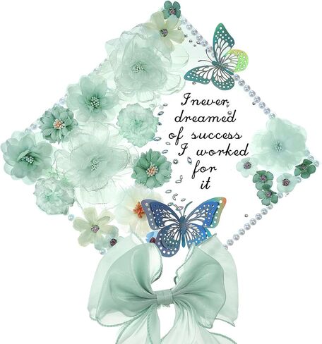 35 Pcs DIY Graduation Cap Decorations Accessory Kit, 3D Artificial Flowers, Butterfly & Alphabet Letter Stickers, Pearl Stickers, Bowknot for Grad Hats Decor(Green) in Kuwait