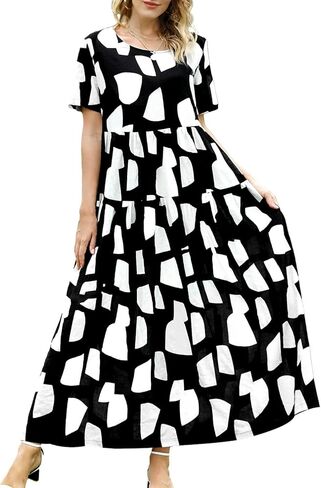 YESNO Women Casual Loose Bohemian Floral Dress with Pockets Short Sleeve Long Maxi Summer Beach Swing Dress EJF in Kuwait