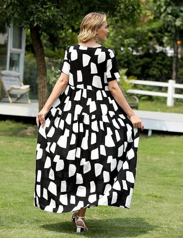 YESNO Women Casual Loose Bohemian Floral Dress with Pockets Short Sleeve Long Maxi Summer Beach Swing Dress EJF in Kuwait