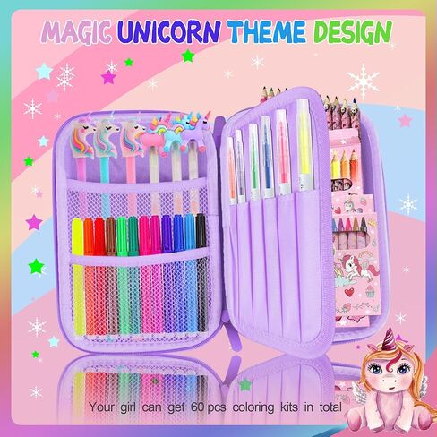 مجموعة أقلام تحديد معطرة بالفواكه، 56 قطعة من اللوازم الفنية للأطفال هدايا وحيد القرن للفتيات، مجموعة أقلام تحديد مع مقلمة يونيكورن لوازم فنية للأطفال تلوين الأعمال الفنية والحرفية (وردي) in Kuwait