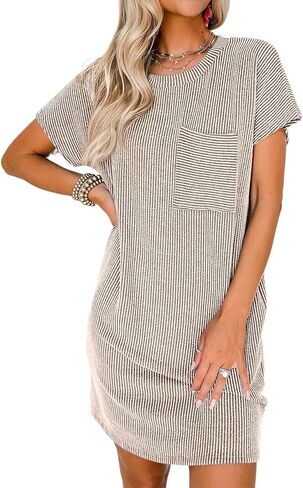 Acelitt Women Casual Summer Crewneck Short Sleeve Ribbed Mini Tshirt Dress,S-XXL in Saudi Arabia