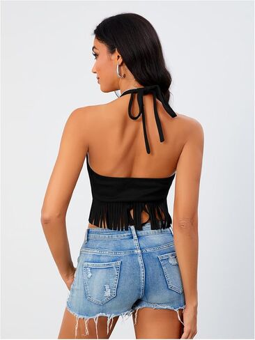 Women's Y2K Fringe Halter Top Western Cowgirl Tie Tank Top Tassel Rivet Faux Suede Hippie Crop Top 70s 60s Vintage in Kuwait