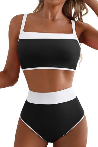Herseas Women's Two Tone Patchwork Bikini Sets U Neck Swimsuit High Waisted Bathing Suit in Kuwait