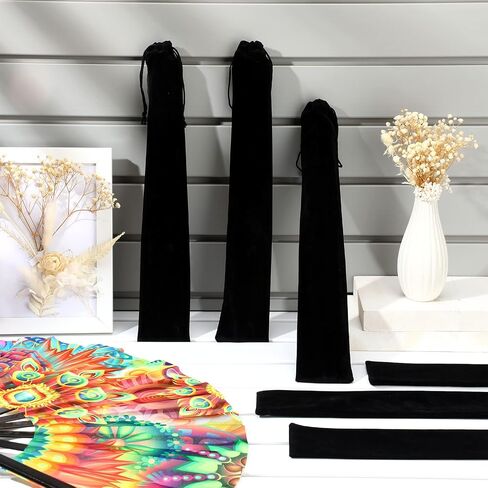 Windyun 12 PCS Long Velvet Draphring Hand Hand Fan Bags Black Fabric Hand Sweves Have Protector Gift Glack Bage Pouch Pouch Pouch For Party Party Wedding (14.57 × 2.76 بوصة) in Kuwait
