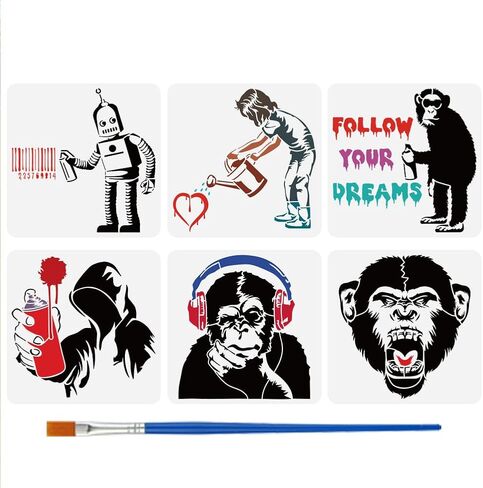 FINGERINSPIRE 6 PCS Bansky Graffiti Stencils 11.8x11.8 inch with Bamboo Brush Large Chimpanzee Monkey Templates Robot Human Graffiti Stencils Earphone Kettle Heart Templates Banksy Theme Stencils in Saudi Arabia