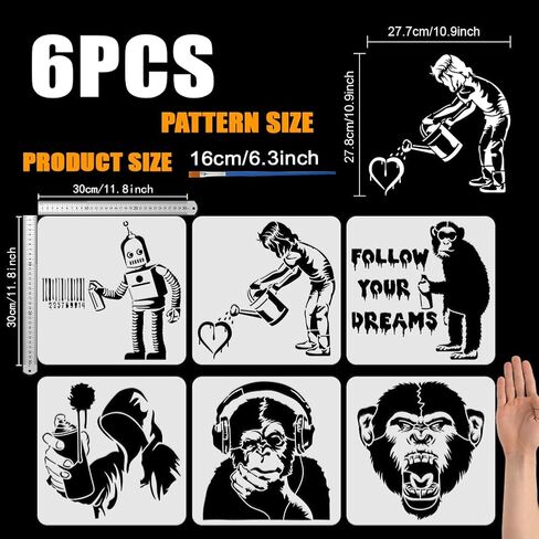 FINGERINSPIRE 6 PCS Bansky Graffiti Stencils 11.8x11.8 inch with Bamboo Brush Large Chimpanzee Monkey Templates Robot Human Graffiti Stencils Earphone Kettle Heart Templates Banksy Theme Stencils in Saudi Arabia