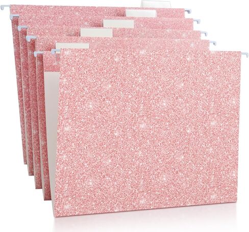 25 PCS Pink Hanging File Bolders 12 × 9.25 '' Glitter Hanging Bolders with 25 Paper 1/5 Tab القابلة للتعديل و 25 علامة تبويب بلاستيكية لسطح مكتب المخططات الطبية in Kuwait
