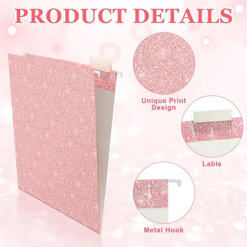 25 PCS Pink Hanging File Bolders 12 × 9.25 '' Glitter Hanging Bolders with 25 Paper 1/5 Tab القابلة للتعديل و 25 علامة تبويب بلاستيكية لسطح مكتب المخططات الطبية in Kuwait
