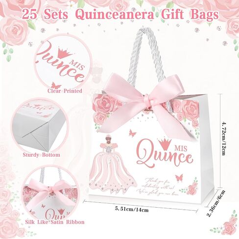Skyygemm 25 يضع حفلات Quinceanera للضيوف حقيبة هدايا Quinceanera مع مقابض حقيبة حلوى صغيرة مع Bow Ribbon Mis Decince Sweet 15 حفلة عيد ميلاد (Pink) in Saudi Arabia