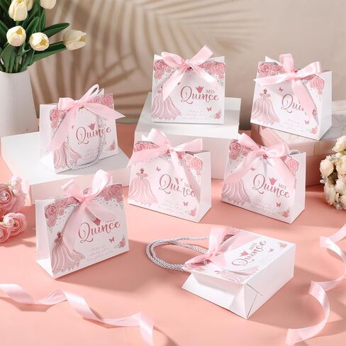 Skyygemm 25 يضع حفلات Quinceanera للضيوف حقيبة هدايا Quinceanera مع مقابض حقيبة حلوى صغيرة مع Bow Ribbon Mis Decince Sweet 15 حفلة عيد ميلاد (Pink) in Saudi Arabia