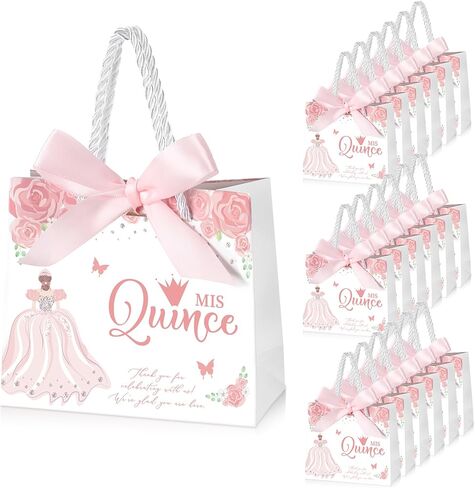 Skyygemm 25 يضع حفلات Quinceanera للضيوف حقيبة هدايا Quinceanera مع مقابض حقيبة حلوى صغيرة مع Bow Ribbon Mis Decince Sweet 15 حفلة عيد ميلاد (Pink) in Saudi Arabia