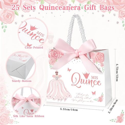 Skyygemm 25 يضع حفلات Quinceanera للضيوف حقيبة هدايا Quinceanera مع مقابض حقيبة حلوى صغيرة مع Bow Ribbon Mis Decince Sweet 15 حفلة عيد ميلاد (Pink) in Saudi Arabia