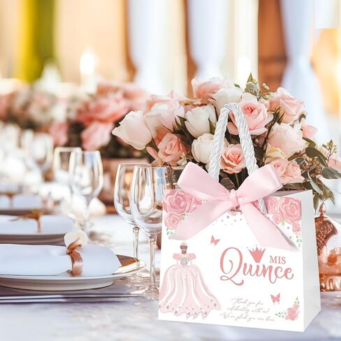 Skyygemm 25 يضع حفلات Quinceanera للضيوف حقيبة هدايا Quinceanera مع مقابض حقيبة حلوى صغيرة مع Bow Ribbon Mis Decince Sweet 15 حفلة عيد ميلاد (Pink) in Saudi Arabia