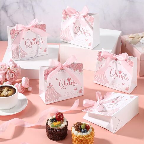 Skyygemm 25 يضع حفلات Quinceanera للضيوف حقيبة هدايا Quinceanera مع مقابض حقيبة حلوى صغيرة مع Bow Ribbon Mis Decince Sweet 15 حفلة عيد ميلاد (Pink) in Saudi Arabia