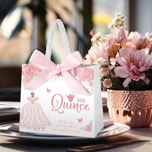 Skyygemm 25 يضع حفلات Quinceanera للضيوف حقيبة هدايا Quinceanera مع مقابض حقيبة حلوى صغيرة مع Bow Ribbon Mis Decince Sweet 15 حفلة عيد ميلاد (Pink) in Saudi Arabia
