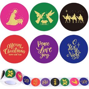 ملصقات عيد الميلاد 600pcs Whaline 600pcs ملصقات Nativity Gold ملصقات عيد الميلاد الملصقات ليلة ولادات يسوع ملصقات الملصقات في لفة 1.5 "