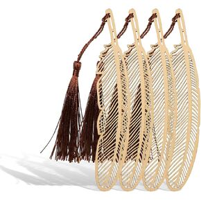Handmade Natural Bamboo Bookmark with Beautiful Tassels,Vintage Style Bookmark is A Unique Gift for Teachers, Students, Men and Women - 4Pcs (Leaves)