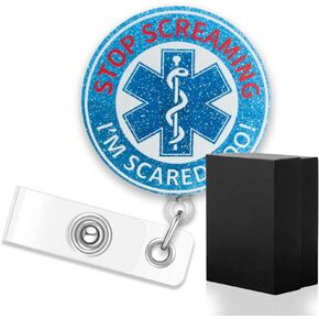 ERHACHAIJIA Stop Screaming I'm Scared Too Retractable Blue Glitter Badge Reel with Clip, Funny EMS ID Badge Holder Gift for Nurses Medical EMT Rn Paramedic First Responder Paramedic Medic Emergency