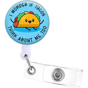Badge Reels Holder Retractable with ID Clip for Nurse Name Tag Card Funny I Wonder If Tacos Think about Me Too Nursing Doctor Teacher Student Medical Work Office Alligator Clip
