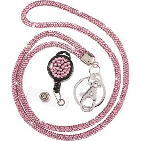 Fashion Pink Rhinestone Lanyard Bling ID Card Holder,Crystal Retractable Badge Reel,Rhinestone Neck Lanyard Card Holder with Metal Clasp and Key Ring for Women Nurse Teacher(1 Pink)