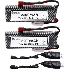 Blomiky 2 Pack 7.4V 2200mAh 16.28WH Lipo Battery قابل لإعادة الشحن مع Deans T المكونات وكابلات شاحن USB ملاءمة لـ 1/8 1/10 مقياس Wltoys 104001 124018