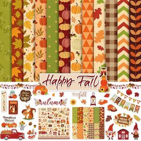 Whaline 24pcs Fall Pattern Paper مع ملصقات 12 تصميمًا على الوجهين خريف الخريف ، الورق المتخصص في أوراق السقوط ، الورق الحرفي ، مطوية ، مسطحة لزخارف ألبوم الصور ، 11.8 × 11.8 بوصة