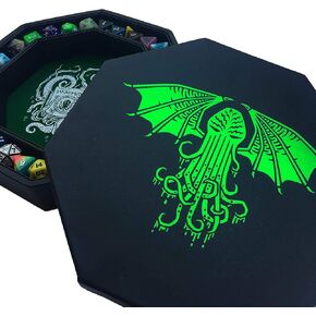 Cthulhu tome - صينية زرقاء زرقاء مع غطاء - 9 بوصات مع منطقة التدريج النرد - يحمل 5 مجموعات زهر لـ D&D ، Call of Cthulhu ، Shadowrun ، وجميع RPGs tabletop