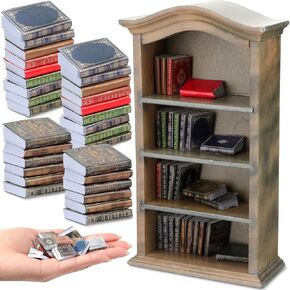 Poen 27 Pcs 1: 12 Scale Miniatures Dollhouse Books and a Wooden Bookcase 4 Floors Dollhouse Bookshelf Decoration Accessories for House Bedroom, Vintage Color
