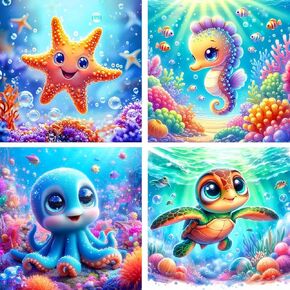 Lophomie 4 Pack Sea Animal Diamond Art Kits for Adults 5D Easy Animals Diamond Art for Adults and Beginner DIY Full Drill Diamond Art Dots Painting Craftsfor Wall Decor Gift 12x12 inch
