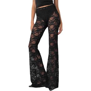 Women Layered Ruffle Tulle Pants High Waist Wide Leg Long Trousers Sheer Mesh Tiered Party Pants