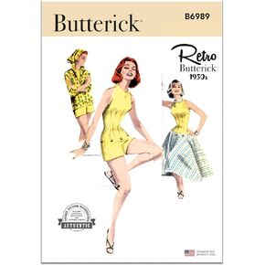 Butterick B6989U5 1950's Vintage Misses' Bare Shoulder Playsuit, Boxy Blouse and Full Skirt Sewing Pattern Packet, Design Code B6989, Sizes 16-18-20-22-24