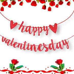 Glitter Happy Valentines Day Banner, Pre-Assemble Valentines Day Banners, Red Valentine's Day Sign with Heart for Valentine Home, Office, Fireplace, Wall and Party Decorations