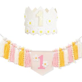 First Birthday High Chair Banner Decorations for Girl,Daisy 1st Birthday Crown Hat,Baby Girl 1st Birthday Decorations for Pink First Birthday One Year Old Birthday Party Baby Shower