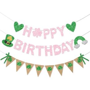 Pink Glitter St Patricks Birthday Banner Decorations St Patrick's Day Party Green Shamrock Triangle Pennant for Home Happy Birthday Party Decorations Lucky One 1st