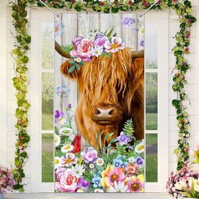 Tiamon Spring Cow Door Cover Rustic Farmhouse Floral Door Banner Decorations Scottish Backdrop for Spring Cow Floral Indoor Outdoor Decoration, 70.8 x 35.4''