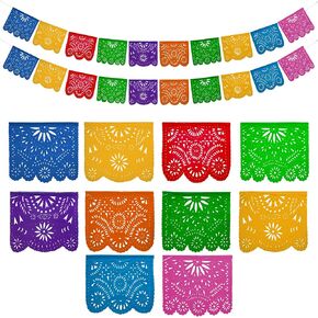 Mexican Party Banners (5 Pack with 10 Plastic Flags per Banner) - Papel Picado Mexicano para Fiesta - Plastic Papel Picado - Fiesta Themed Party Decorations - Mexican Decor