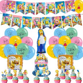 Simpsons Themed Birthday Party Pack - Includes Banner, Cake Topper, 12 Cupcake Toppers, 20 Balloons, 3 Simpsons Foil Balloons - Pink, Blue, Green, Yellow