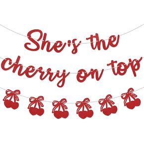 She's the Cherry On Top Banner, Cherries Bridal Shower Bachelorette Party Decorations, Cherry on Top Baby Shower Party Decorations Red Glitter