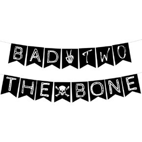 Bad Two the Bone Banner, 2nd Birthday Party Decorations, Rock N Roll Bone Skull Second Birthday Decoration, Born to Rock Music Theme 90s Birthday Party Supplies Black for Boys Kids