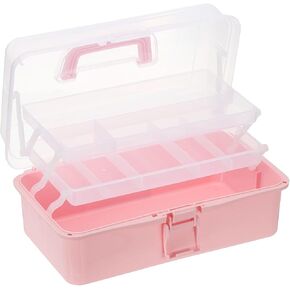 YOKIVE Art Supply Storage Organizer, Art Tool Storage Box 3-Tray Craft Box Art Supplies Organizer with Handle Buckle for Brushes Paints Stamps, Light Pink
