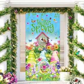Hello Spring Door Cover Spring Gnome Door Banner Spring Easter Colorful Flowers Banner Seasonal Welcome Door Decorations for Spring Easter Welcome Holiday Party Decor
